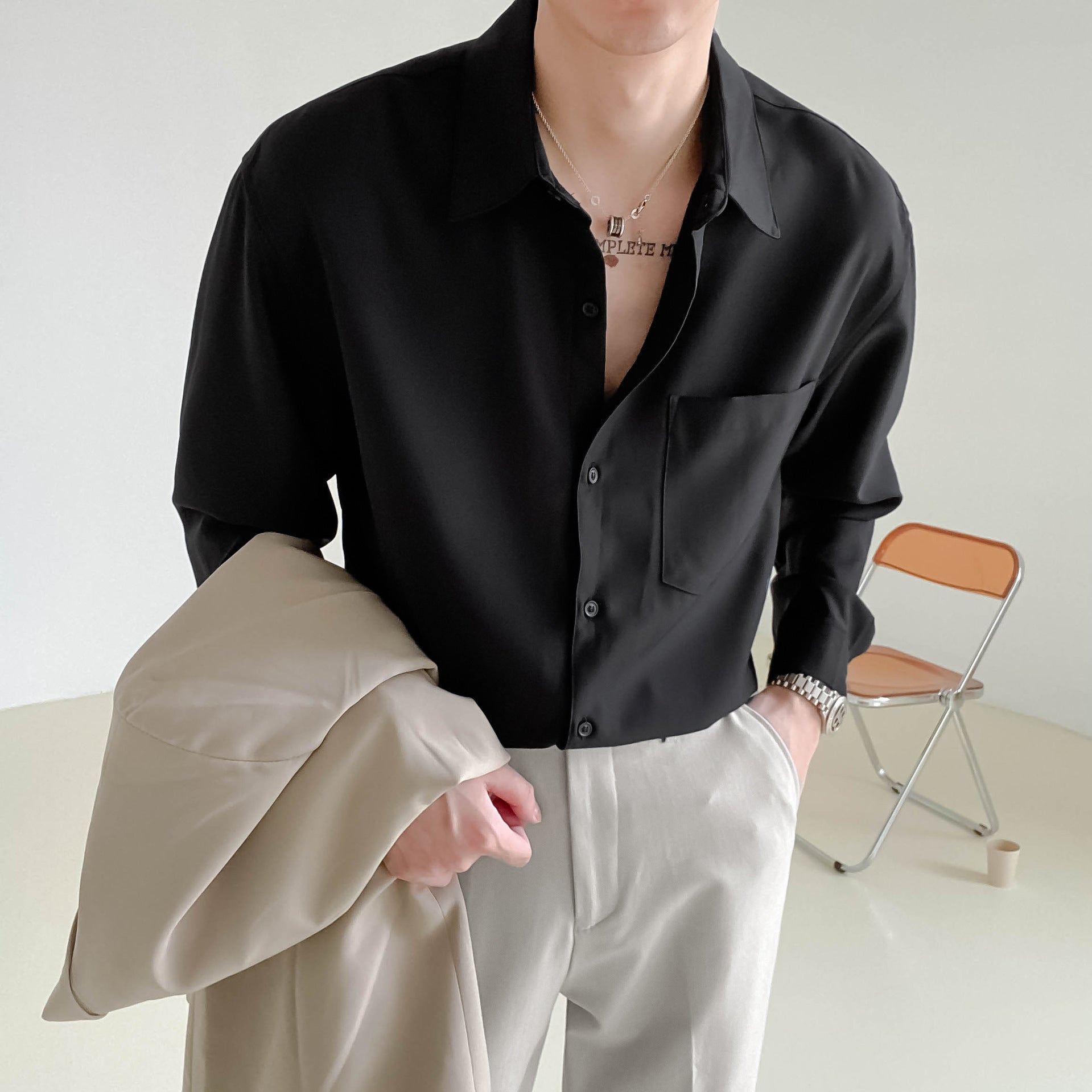 Stained Non Ironing Solid Color Shirt